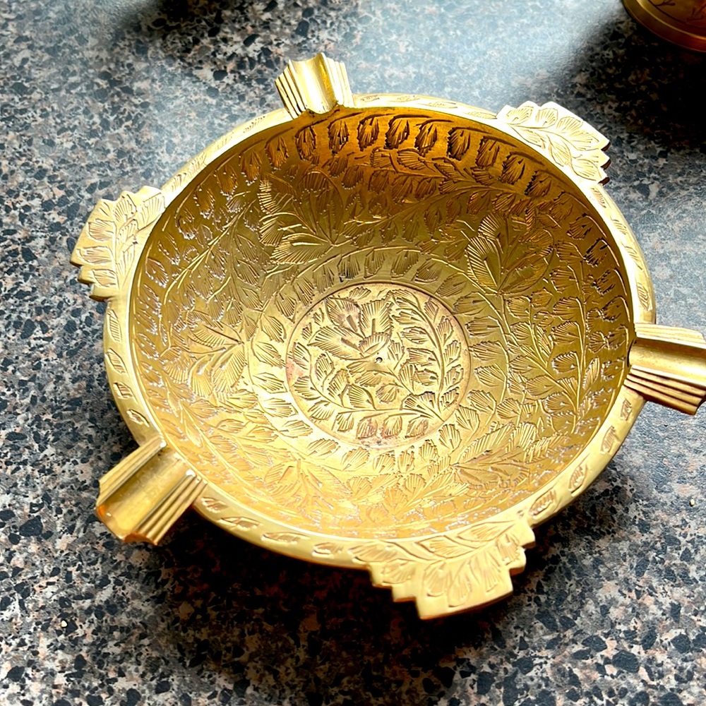 Vintage India Brass Ashtray carved